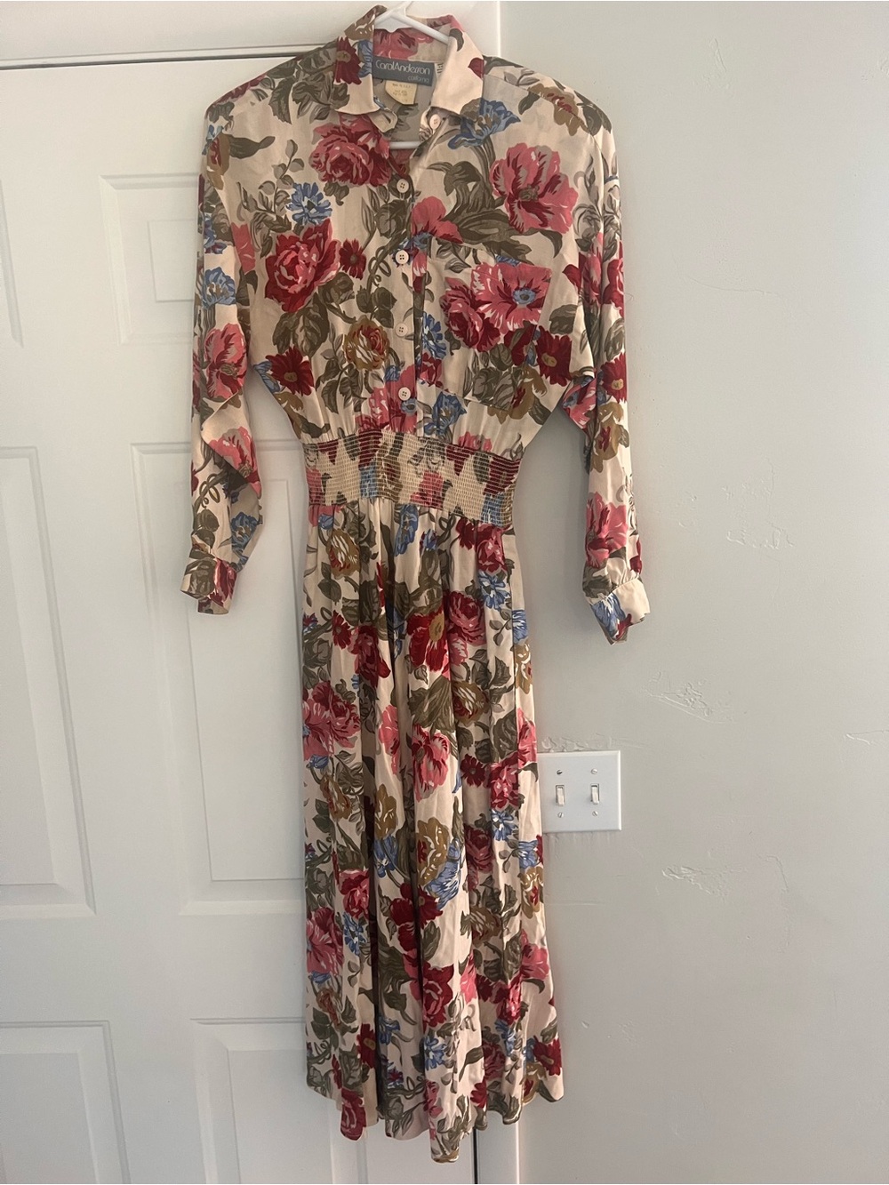 Vintage 1980’s Carol Anderson Floral Smocked-Waist Long Sleeve Dress